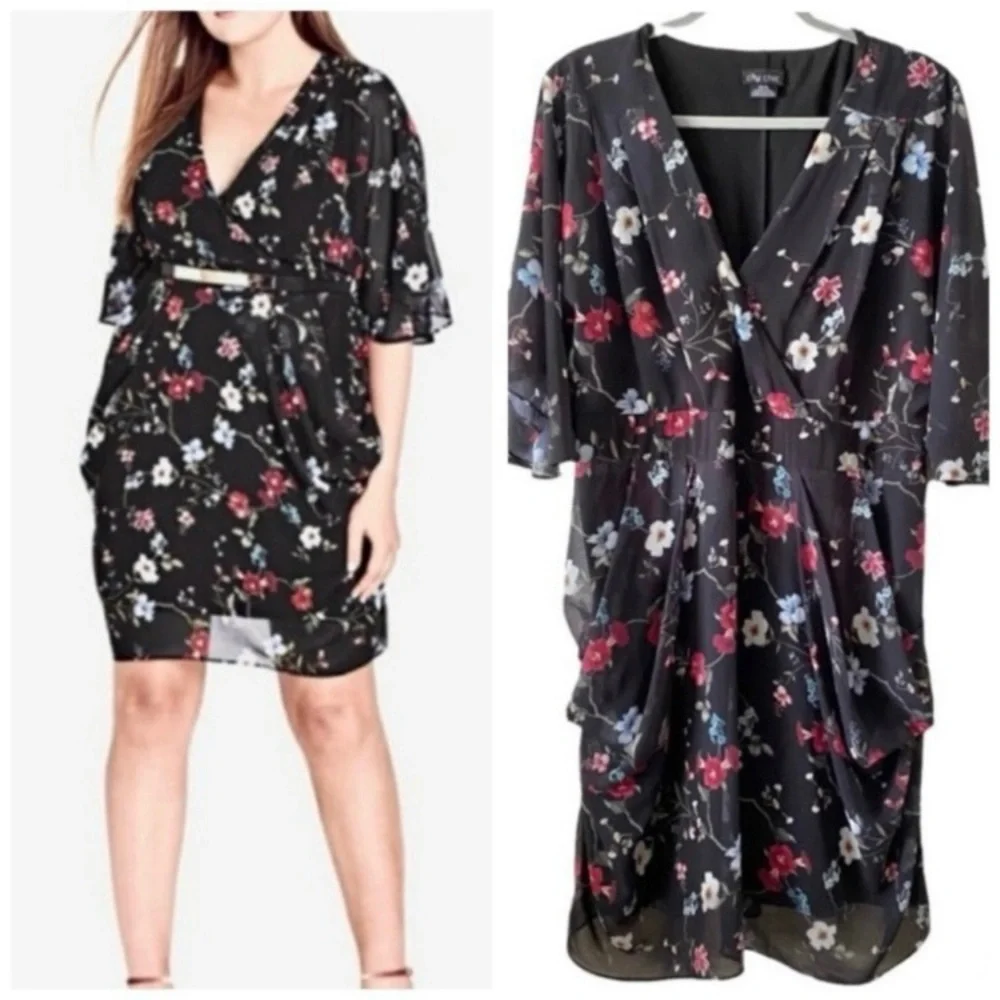 City Chic Floral Allure Chiffon Faux Wrap Drape Batwing Plus Dress Size 18 - Picture 1 of 15